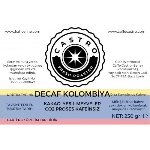Castro DeCaf Kolombiya %100 Arabica (CO2 Process) Kafeinsiz Kahve 250 Gr.